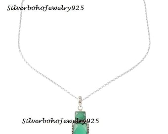 Green Onyx Pendant Necklace, Two Stone Sterling Silver