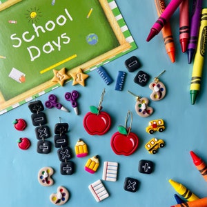Back to School Earrings, Teacher Appreciation, School Supplies Jewelry, Apple Earrings, Gold Post Findings, Teacher Gifts, Clay Earrings,