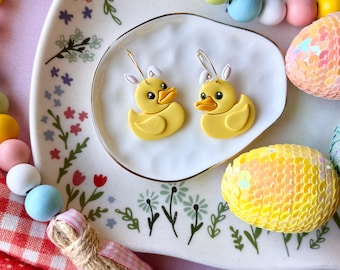 Duck Bunny Earrings, Easter Clay Earrings, Cute Spring Earrings, Farm Animal Earrings, Gold Hoop Findings