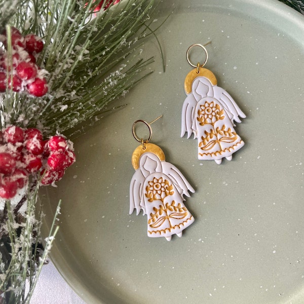 Nativity Scene Earrings, Religious Earrings, Hoilday Clay Earrings, Angel Earrings, Christmas Earrings, Gifts for Her, Gold Findings