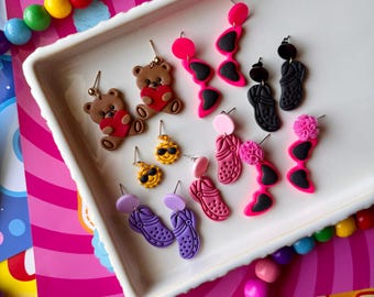 Amusement Park Summer Polymer Clay Earrings, Colorful Sunglasses Jewelry, Gifts for Her, Teddy Bear Dangles, Carnival Earrings, Sun Dangles