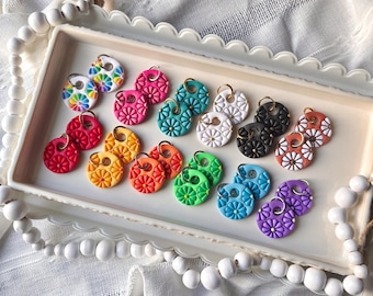 Multi Colored Flower Earrings, Flower Power Dangles, Cute Colorful Spring Clay Earrings, Gold Silver Huggie Hoop Findings, Gifts for Her