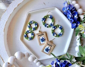 Bluebonnet Wreaths Earrings, Texas Earrings, Dangle Flower Seed Bag Earrings, Gift for Her, Spring Statement Earrings, Polymer Clay Earrings
