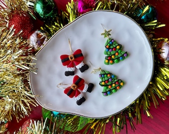Nostalgic Christmas Tree Clay Earrings, Red Santa Bow Hoop Statement Earrings,Gold Findings, Festive Colourful Clay Earrings