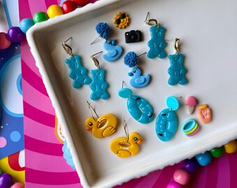 Amusement Park Summer Polymer Clay Blue Duck Earrings, Colorful Jewelry, Gifts for Her, Gummy Bear Dangles, Duck Floaties Earrings