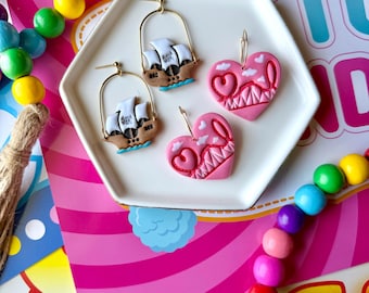 Amusement Park Summer Polymer Clay Earrings, Colorful Pink Roller Coaster Jewelry, Gifts for Her, Pirate Ship Ride Dangles, Carnival Earring