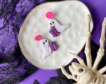 Trick or Treating Ghost, Candy Earrings, Halloween Clay Earrings, Spooky Earrings, Cute Pink Ghost Dangles, Gifts for Her, Colorful Earrings