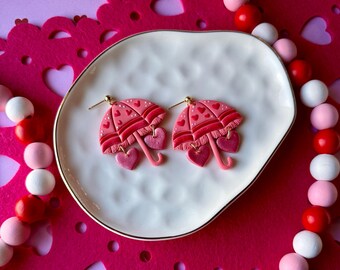 Shimmery Heart Umbrella Earrings, Pink Parcel Earring Dabgles, Valentine’s Day Earrings, Gifts for Her, Cottagecore Earrings, Gold Findings