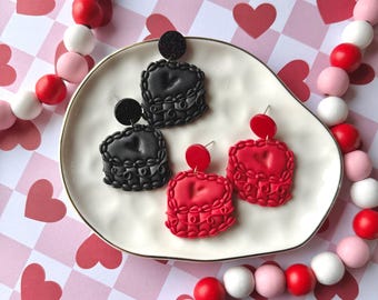 Vintage Heart Romantic Cake Earrings, Valentine’s Day Statement Clay Earrings,  Red Dangle Earrings, Gifts for Her, Gold Findings Jewelry