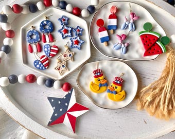 Patriotic Uncle Sam Duck Earrings, Heart USA Flag Hoops, Star Red White Blue Polymer Clay 4th of July Dangles, Gold Findings, Popsicles