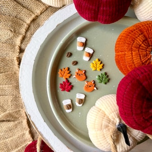 May include: A selection of autumn-themed decorations. Features miniature pumpkins in red, orange, and cream, alongside small embellishments of coffee cups, fox faces, and autumn leaves. The items are arranged on a green tray.