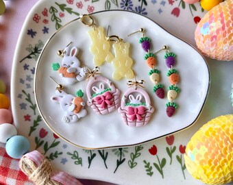 Pink Easter Basket Bunny Earrings, Easter Clay Earrings, Cute Spring Yellow Gummy Bear Earrings, Multi-Colored Carrot Dangles, Gold Findings