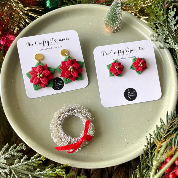 Poinsettia Earrings, Christmas Earrings, Holiday Clay Earrings, Gift for Her, Gold Findings, Studs, Plant Earrings, Red Earrings