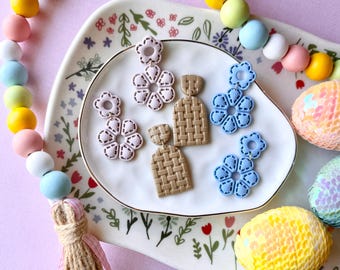 Flower Stitch Earrings, Easter Clay Cute Pastel Spring Earrings, Floral Earrings, Picnic Wicker Basket, Gold Findings, Gifts for Her