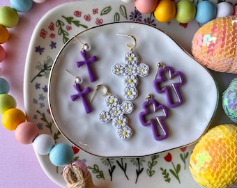 Religious Purple Gold Easter Earrings, Cute Spring Clay Earrings, Flower Cross Earrings, Gifts for Her, Statement Dangles, Gold Findings