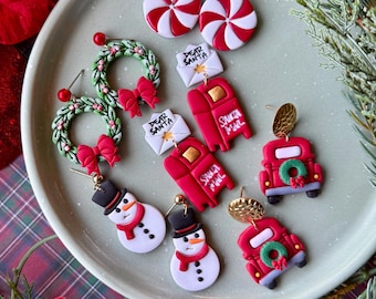 Classic Snowman Christmas Clay Earrings, Red Truck Statement Earrings, Festive Wreath Dangles, Peppermint Earrings, Santa Mail,Gold Findings