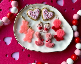 Heart Pastries Valentine’s Day Clay Earrings, Statement Food Earrings, Gifts for Her, Gold Findings, Pink Gummy Bear Earrings, Latte Dangles