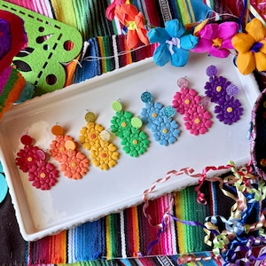 Fiesta Paper Flower Earrings, Fiesta Clay Earrings, Colorful Rainbow Statement Dangle Earrings, Mexican paper Flower Dangles, gold findings