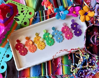 Fiesta Paper Flower Earrings, Fiesta Clay Earrings, Colorful Rainbow Statement Dangle Earrings, Mexican paper Flower Dangles, gold findings