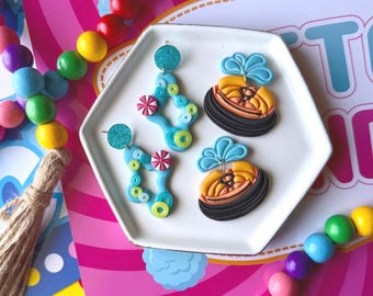 Amusement Park Statement Summer Polymer Clay Earrings, Colorful Jewelry, Gifts for Her, Water Ride Rapids Dangles, Lazy River Earrings