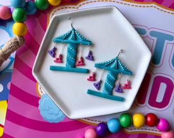 Amusement Park Summer Polymer Clay Earrings, Colorful Jewelry, Gifts for Her, Swing Ride Star Flyer Dangles, Statement Carnival Earrings