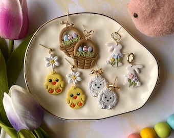Floral Bunny Earrings, Easter Clay Earrings, Cute Spring Earrings, Easter Egg Basket  Earrings, Farm Animal Earrings, Lambs, Gold Findings