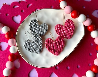 Pink Glitter Diso Ball Earrings, Valentine’s Day Clay Earrings, Grey Statement Heart Hoop Earrings, Gifts for Her, Gold Silver Findings
