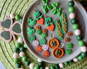 Lucky St. Patrick’s Day Leprechaun Clay Earrings, Gifts for Her, Green Statement 4 Leaf Clover Earrings, Spring Earrings, Gold Coin Findings