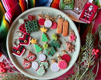 Mexican Loteria Christmas Earrings, Tamale Christmas Clay Earrings, Gingerbread Man Pig Earrings, Concha Christmas Tree, Gold, Guacamole