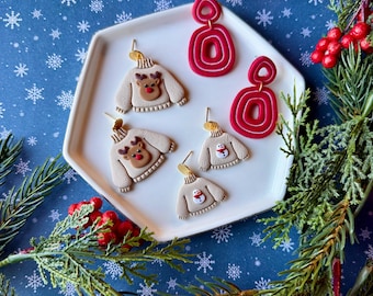 Reindeer Sweater Christmas Clay Earrings, Red/White Peppermint Statement Jewelry, Small Snowman Beige Sweater Earrings, Gold Findings