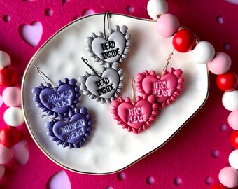 Ruffled Glittery Heart Earrings, Pink Anti-Valentine’s Day Clay Earrings, Inappropriate Grey Purple Statement Heart Earrings, Gifts for Her