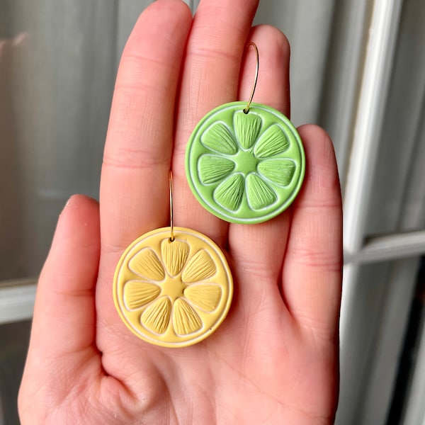 Lemon/Lime Earrings, Dangles, Spring Clay Earrings, Gifts for Her, Yellow/Green Earrings, Gold Hoops Findings, Citrus Fruit Earrings, Studs