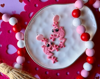 Pink Frog Zoo Animal Earrings, Valentine’s Day Spring Earrings, Polymer Clay Dangles, Stainless Steel Findings, Gifts for Her, Amphibians