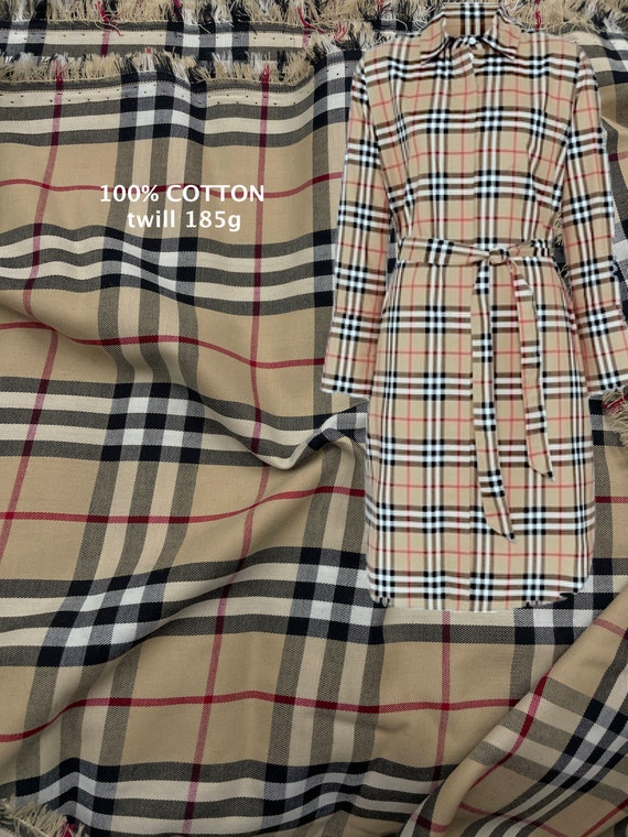 Plaid Fabric, Cotton Tartan Tan Beige With White Black Red Check