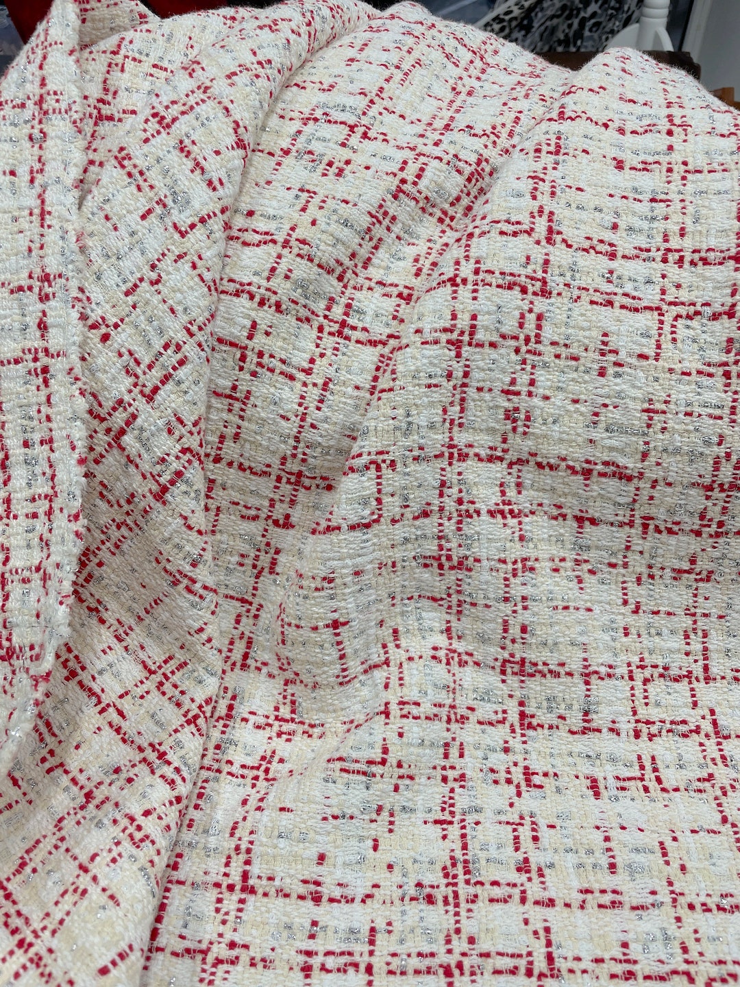 White Cream Tweed Fabric, Red Check Boucle With Silver Lurex, 3-D Wool ...