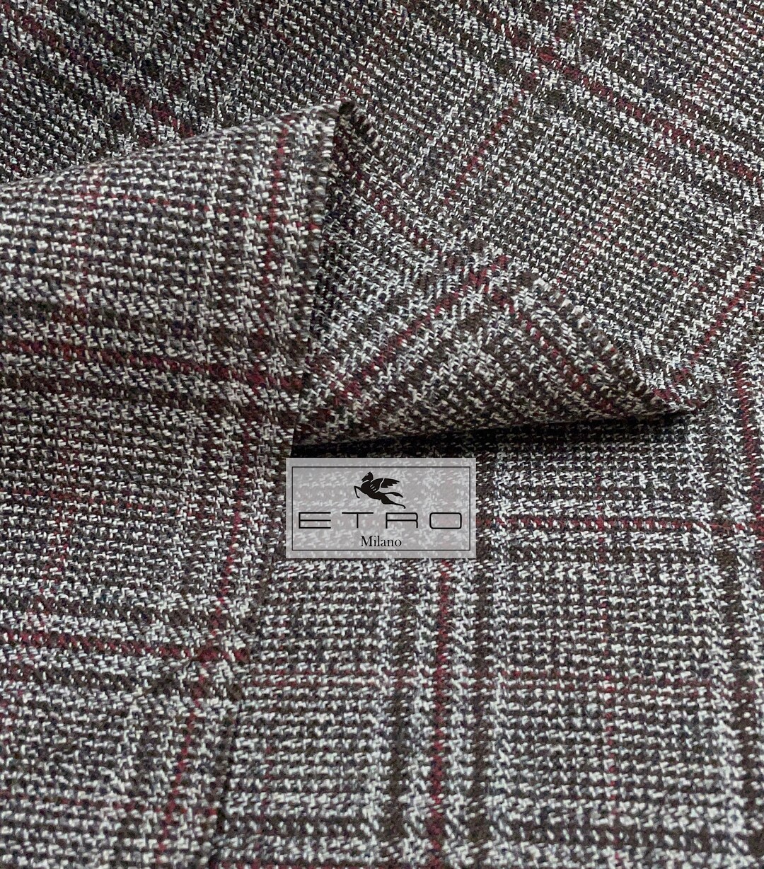 Plaid WOOL Suiting Fabric by ETRO Grey Brown Tartan Burgundy Etsy Norway