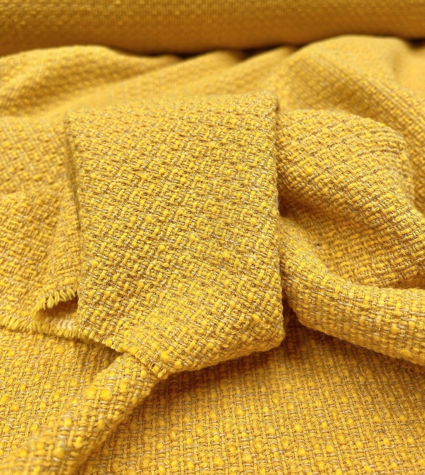 Yellow Tweed Fabric Couture COTTON Boucle Checked 3d Textured