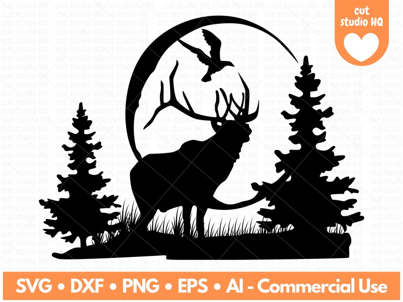 Deer Svg File, Deer Silhouette Svg, Deer in the Forest Svg, Pine Trees ...