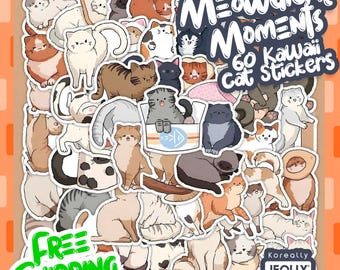 60 Adesivos de Gatos Kawaii – Estilo Anime à Prova d'Água, para Scrapbooking