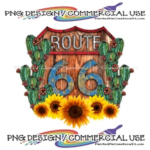 Puede incluir: Un cartel de estilo vintage de la Ruta 66 con números azules sobre un fondo de madera. El cartel está rodeado de plantas de cactus verdes y girasoles amarillos.