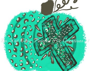 May include: A teal green pumpkin with a brown stem and a white and teal green cross in the center. The pumpkin has a brown and white leopard print pattern.