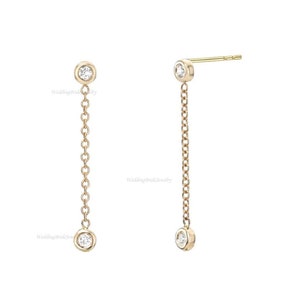 Double Bezel Genuine Diamond Drop Earring Handmade Jewelry 14k Solid Yellow Gold Dangle Chain Earring Jewelry Gift Women Large Chain Earring