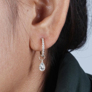 Lab Grown Diamond Dangle Drop Charm Hoops Earring Minimalist Jewelry Solid 14k Gold CVD VVS2 E/F Pear Drilling Lab Created Loose Diamond