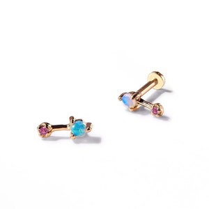 14k Solid Yellow Gold Genuine Natural Ethiopian Opal Gemstone With Natural Pink Tourmaline Bar Studs Earring Gift For Her Birthstone Studs