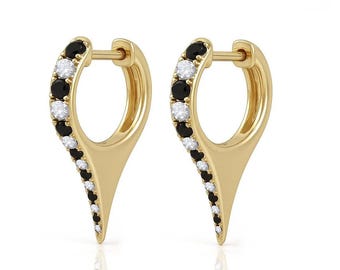 14K Gold Hoop Earrings with Black and White Diamonds – Modern Spike Drop Huggie Hoops, Unique Two-Tone Gemstone Earrings for Women
