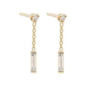 Dangle Large Thin Baguette Diamond Earring, CVD VVS2 E/F Lab Created 2 mm Diamond Stud With Dangle 2x8mm Hanging Large Diamond Studs Earring