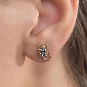 14k Solid Rose Gold Scorpion Studs Earrings Genuine Diamond Scorpion Studs Earrings Minimalist Tiny Stud Earring Jewelry Christmas Gift