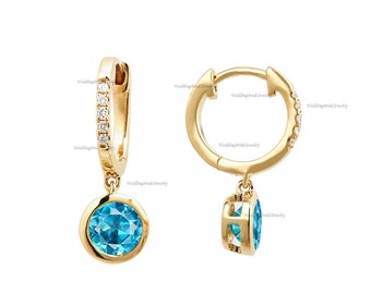 Genuine Mini Diamond Half Band Huggie Earring 14k Solid Yellow Gold Dangle London Blue Topaz Natural Gemstone Hoops Earring Her Gift Earring