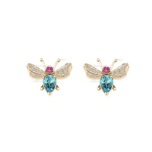 Genuine Diamond Aquamarine Butterfly Mini Studs, Solid 14k Yellow Gold Cartilage, Helix, And Conch Studs Earrings Minimalist Diamond Studs