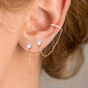Dainty Ear Cuff Chain Earring with Studs, Thin Ear Cuff Genuine Diamond Stud Earring, 14k/18k Solid Gold Jewelry No Piercing Cuff Earrings